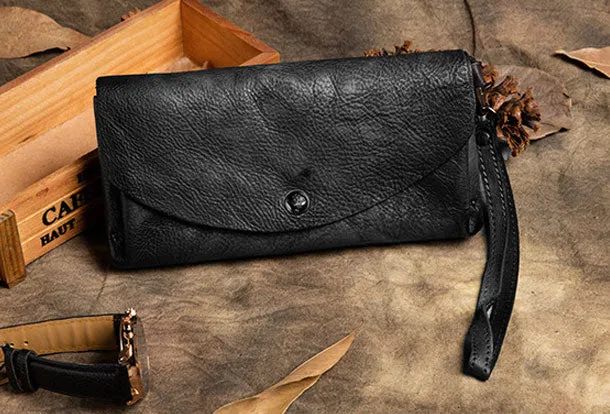Handmade Long Leather Wallet Vintage Wallet Botton Clucth Purse For Women