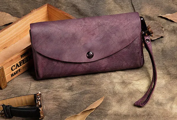 Handmade Long Leather Wallet Vintage Wallet Botton Clucth Purse For Women
