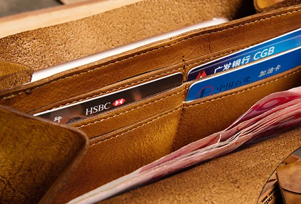 Handmade Long Leather Wallet Vintage Wallet Botton Clucth Purse For Women