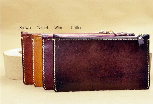 Handmade long wallet leather zip men brown vintage clutch wallet for men