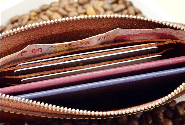 Handmade long wallet leather zip men brown vintage clutch wallet for men