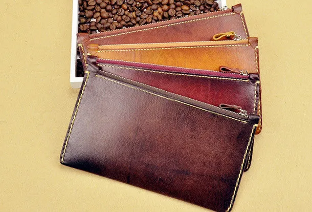 Handmade long wallet leather zip men brown vintage clutch wallet for men