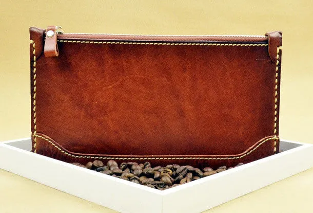 Handmade long wallet leather zip men brown vintage clutch wallet for men