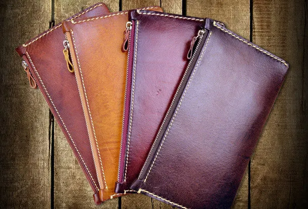 Handmade long wallet leather zip men brown vintage clutch wallet for men