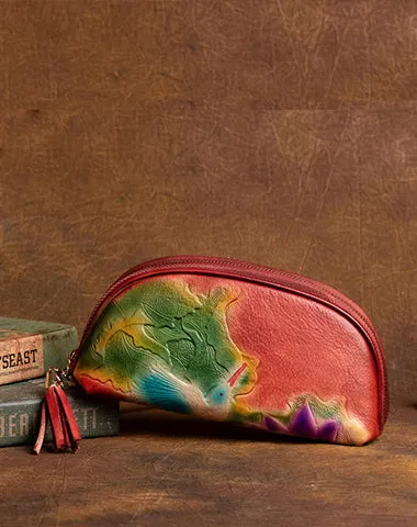 Handmade Lotus Flower Leather Wristlet Wallet Womens Zip Around Wallets Flowers Ladies Zipper Clutch Wallet for Women