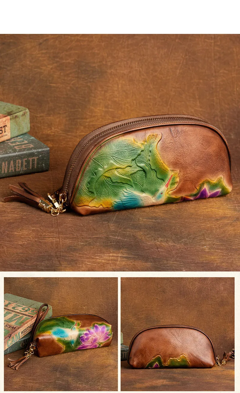 Handmade Lotus Flower Leather Wristlet Wallet Womens Zip Around Wallets Flowers Ladies Zipper Clutch Wallet for Women