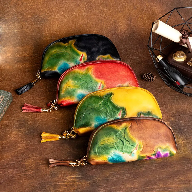 Handmade Lotus Flower Leather Wristlet Wallet Womens Zip Around Wallets Flowers Ladies Zipper Clutch Wallet for Women
