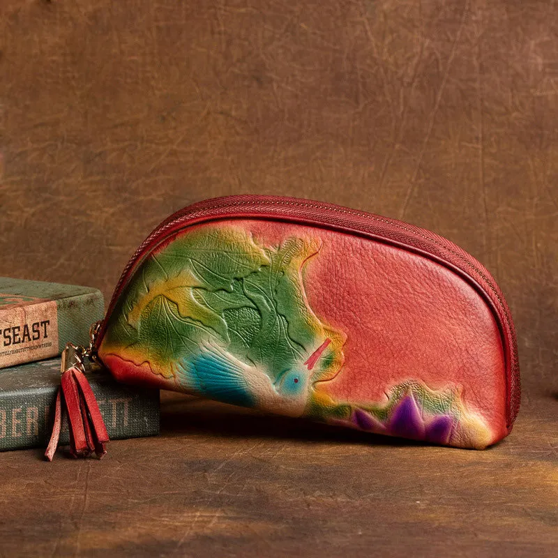 Handmade Lotus Flower Leather Wristlet Wallet Womens Zip Around Wallets Flowers Ladies Zipper Clutch Wallet for Women