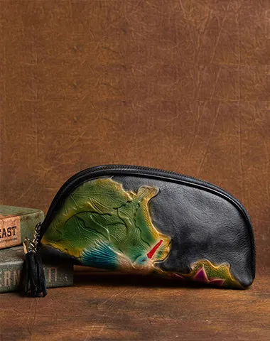 Handmade Lotus Flower Leather Wristlet Wallet Womens Zip Around Wallets Flowers Ladies Zipper Clutch Wallet for Women