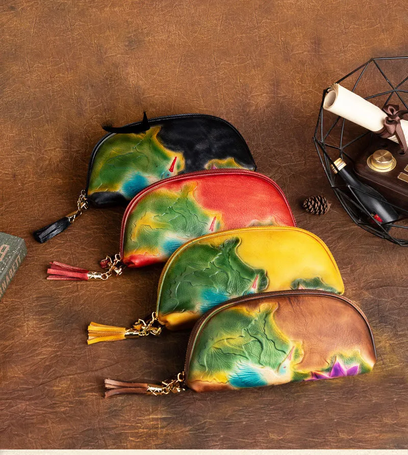 Handmade Lotus Flower Leather Wristlet Wallet Womens Zip Around Wallets Flowers Ladies Zipper Clutch Wallet for Women