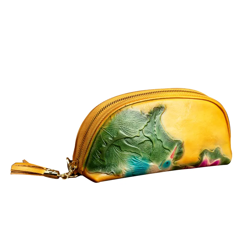 Handmade Lotus Flower Leather Wristlet Wallet Womens Zip Around Wallets Flowers Ladies Zipper Clutch Wallet for Women
