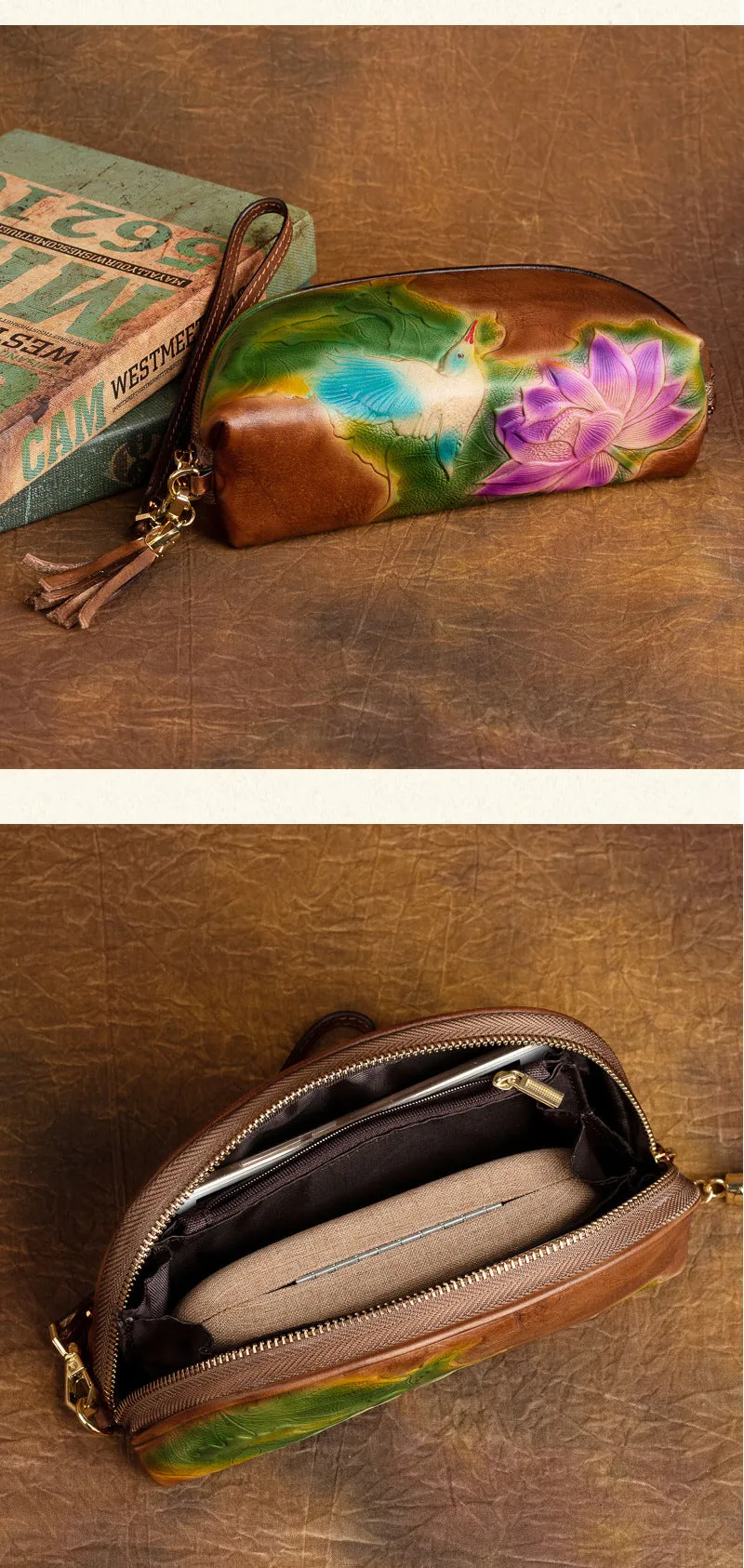 Handmade Lotus Flower Leather Wristlet Wallet Womens Zip Around Wallets Flowers Ladies Zipper Clutch Wallet for Women