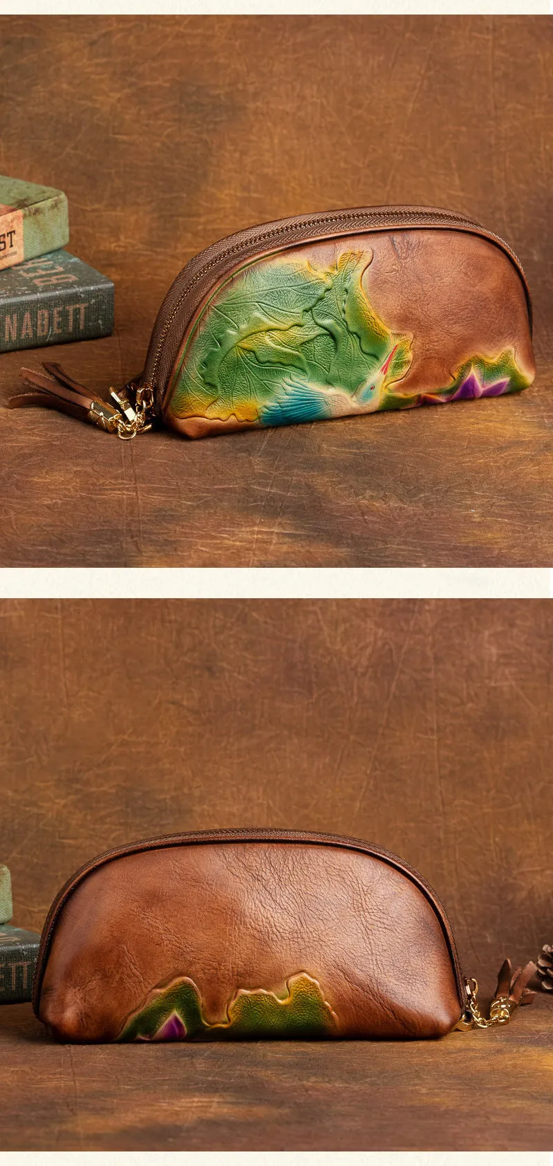Handmade Lotus Flower Leather Wristlet Wallet Womens Zip Around Wallets Flowers Ladies Zipper Clutch Wallet for Women