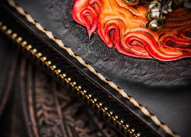 Handmade Mah???k???la Leather Black Biker Wallet Mens Cool billfold Chain Wallet Trucker Wallet with Chain