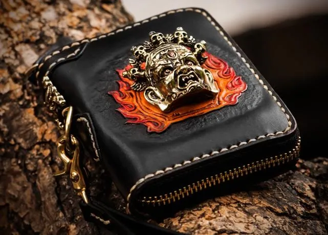 Handmade Mah???k???la Leather Black Biker Wallet Mens Cool billfold Chain Wallet Trucker Wallet with Chain