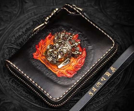 Handmade Mah???k???la Leather Black Biker Wallet Mens Cool billfold Chain Wallet Trucker Wallet with Chain