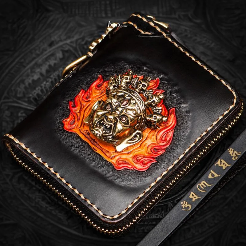 Handmade Mah???k???la Leather Black Biker Wallet Mens Cool billfold Chain Wallet Trucker Wallet with Chain
