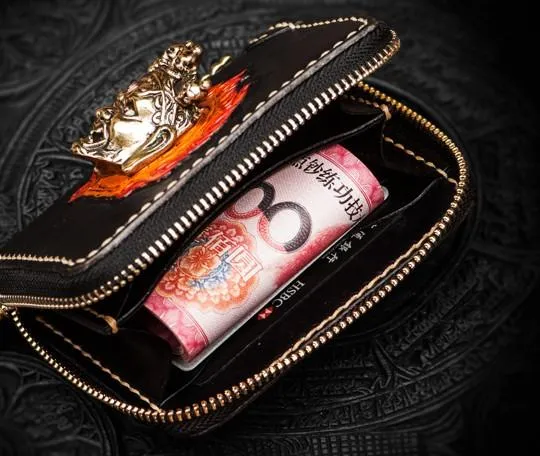 Handmade Mah???k???la Leather Black Biker Wallet Mens Cool billfold Chain Wallet Trucker Wallet with Chain