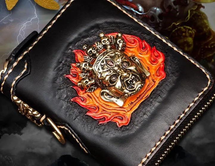 Handmade Mah???k???la Leather Black Biker Wallet Mens Cool billfold Chain Wallet Trucker Wallet with Chain