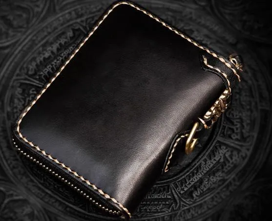 Handmade Mah???k???la Leather Black Biker Wallet Mens Cool billfold Chain Wallet Trucker Wallet with Chain