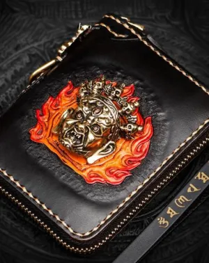 Handmade Mah???k???la Leather Black Biker Wallet Mens Cool billfold Chain Wallet Trucker Wallet with Chain