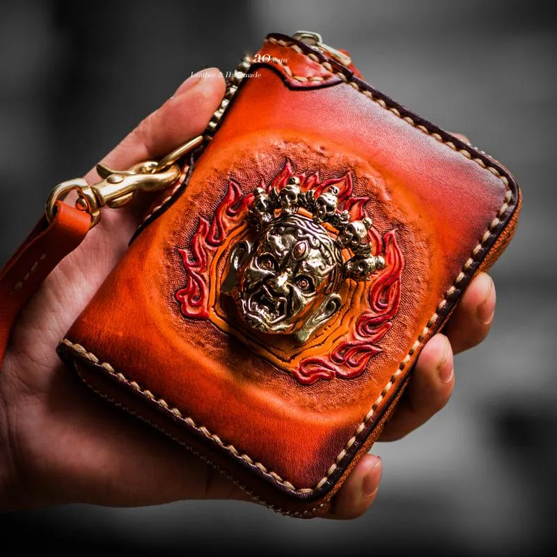 Handmade Mah???k???la Leather Black Biker Wallet Mens Cool billfold Chain Wallet Trucker Wallet with Chain