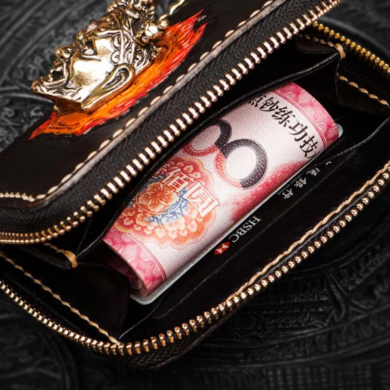 Handmade Mah???k???la Leather Black Biker Wallet Mens Cool billfold Chain Wallet Trucker Wallet with Chain