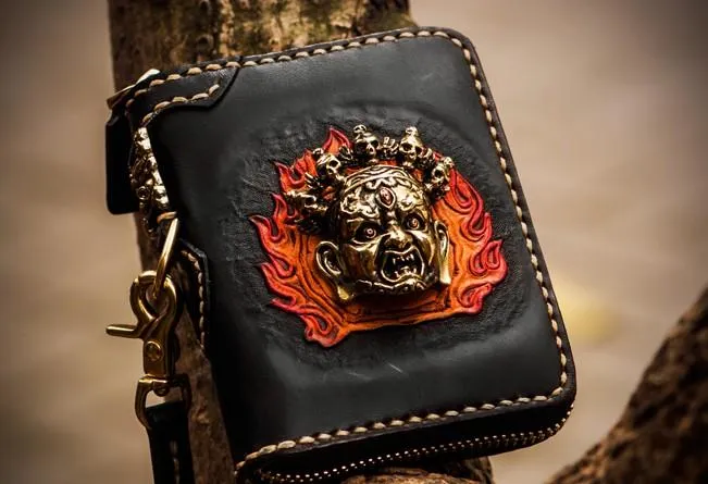 Handmade Mah???k???la Leather Black Biker Wallet Mens Cool billfold Chain Wallet Trucker Wallet with Chain