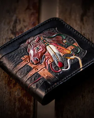 Handmade men billfold wallet black coffee leather horse carved billfold wallet for men