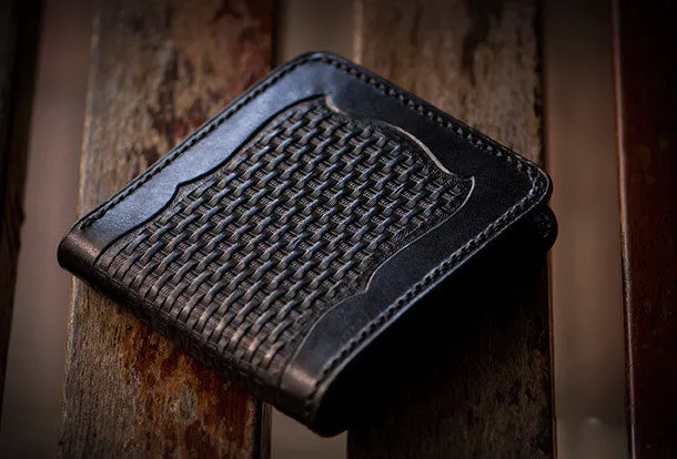 Handmade men billfold wallet black coffee leather horse carved billfold wallet for men