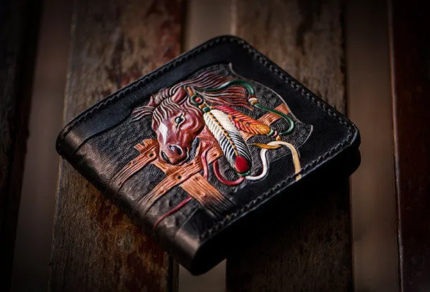 Handmade men billfold wallet black coffee leather horse carved billfold wallet for men