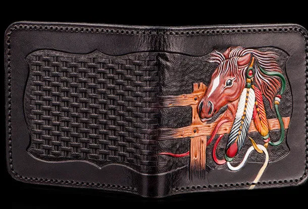 Handmade men billfold wallet black coffee leather horse carved billfold wallet for men