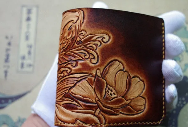 Handmade men wallet vintage flower&Cryprinus carpiod leather billfold wallet for women/men