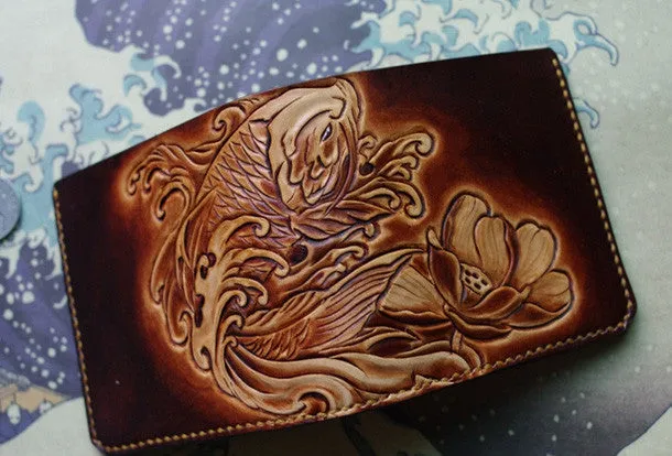 Handmade men wallet vintage flower&Cryprinus carpiod leather billfold wallet for women/men