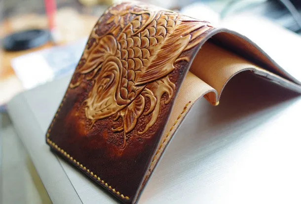 Handmade men wallet vintage flower&Cryprinus carpiod leather billfold wallet for women/men