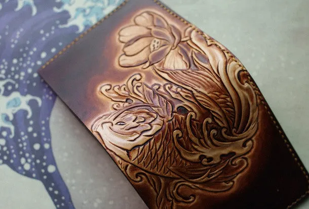 Handmade men wallet vintage flower&Cryprinus carpiod leather billfold wallet for women/men