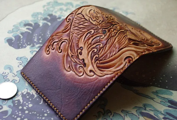 Handmade men wallet vintage flower&Cryprinus carpiod leather billfold wallet for women/men