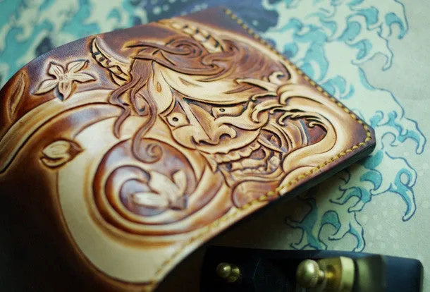 Handmade men wallet vintage hand carved prajna ghost leather billfold wallet for men