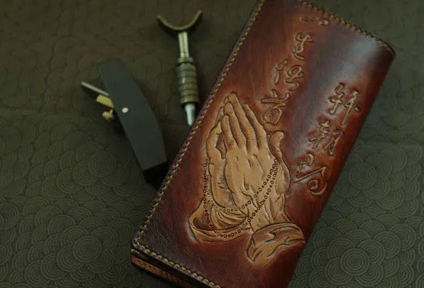 Handmade men wallet vintage hand painting god of law leather biker wallet for men