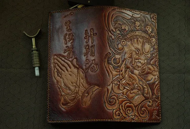 Handmade men wallet vintage hand painting god of law leather biker wallet for men