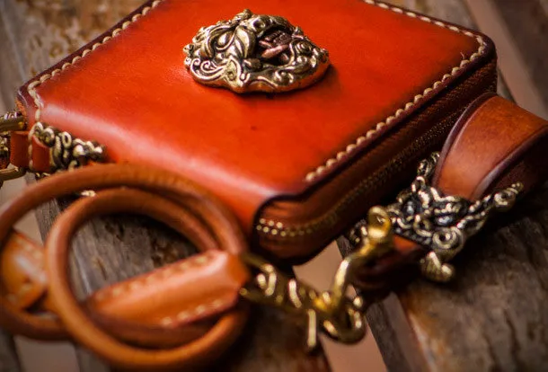 Handmade mens leather biker chain wallet zipper billfold leather chain wallet for men