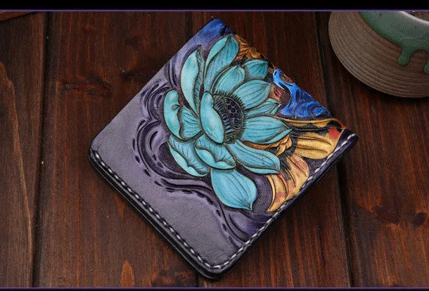 Handmade mens leather Tooled Small wallets carp lotus billfold wallet for men