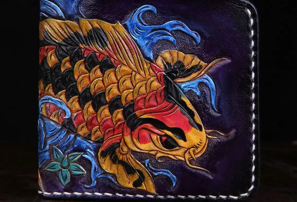 Handmade mens leather Tooled Small wallets carp lotus billfold wallet for men
