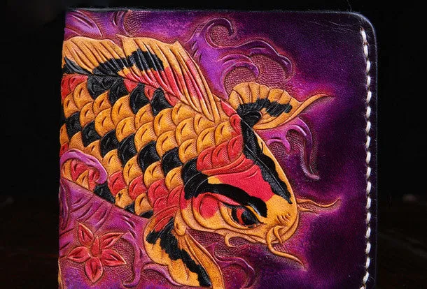 Handmade mens leather Tooled Small wallets carp lotus billfold wallet for men