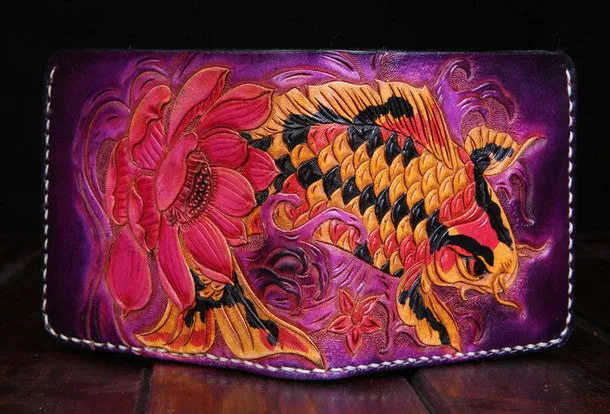 Handmade mens leather Tooled Small wallets carp lotus billfold wallet for men
