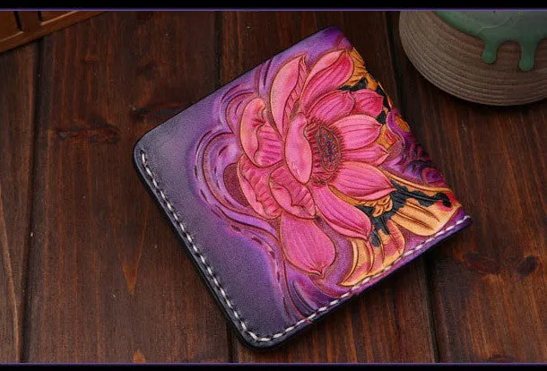 Handmade mens leather Tooled Small wallets carp lotus billfold wallet for men