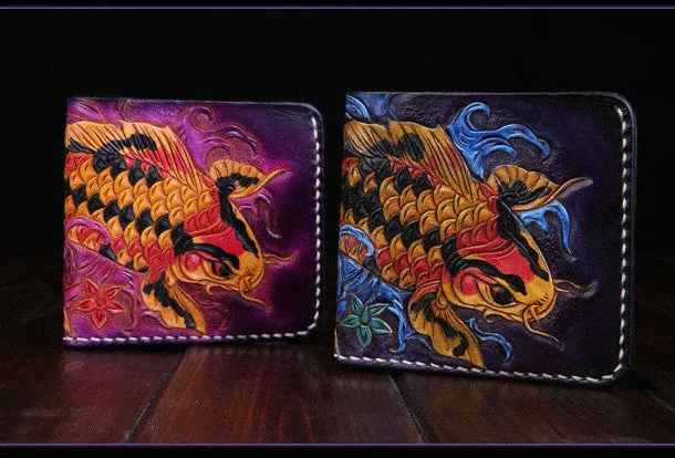 Handmade mens leather Tooled Small wallets carp lotus billfold wallet for men