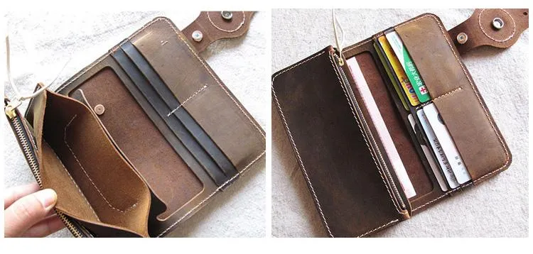 Handmade Mens Long Biker Wallet with Chain Cool Leather Biker Chain Wallet