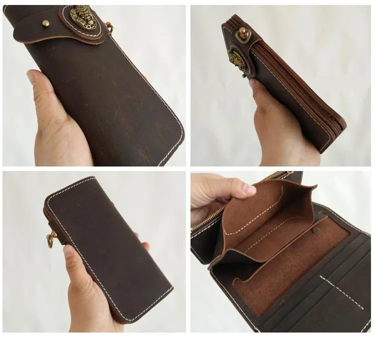 Handmade Mens Long Biker Wallet with Chain Cool Leather Biker Chain Wallet
