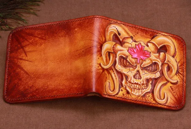 Handmade mens skull small leather wallet tooled carved billfold wallet for him